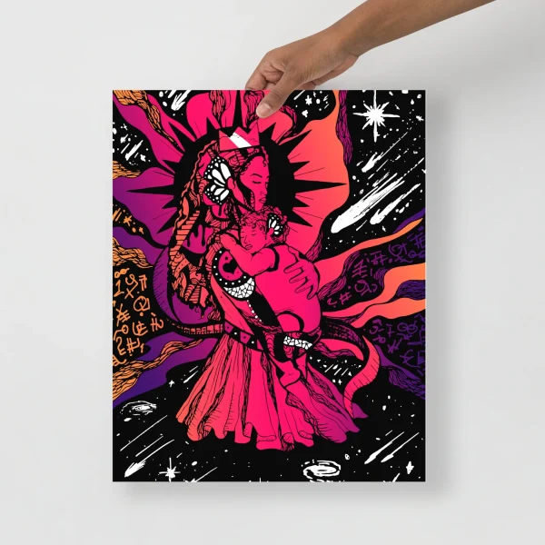 Vibrant sunset mom wall art featuring a mother and child figure with cosmic moon design in magenta, purple, and orange tones