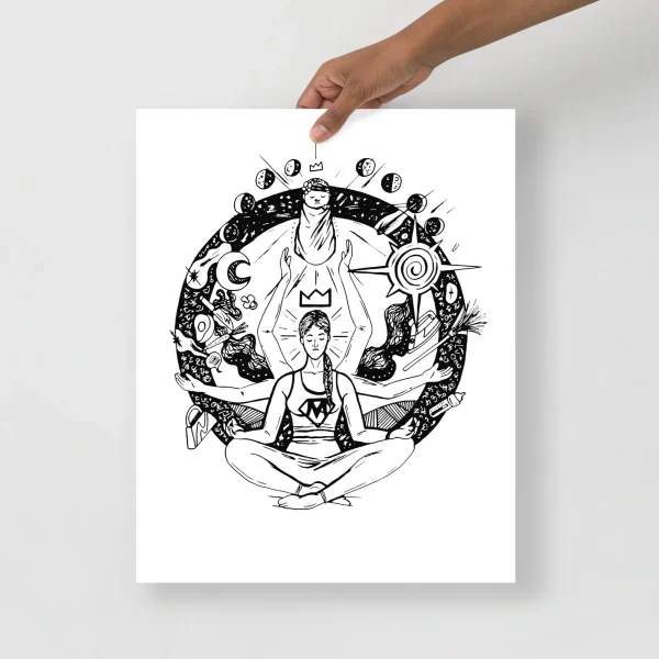 Super mom art print featuring a meditating woman with celestial and mystical symbols in black ink on white paper