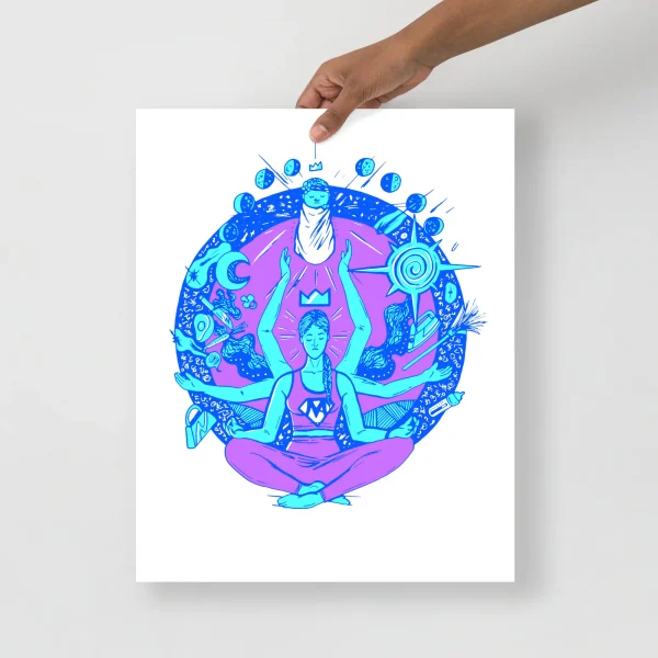 Blue and pink minimalist super mom art print featuring a meditating woman with cosmic imagery and celestial elements