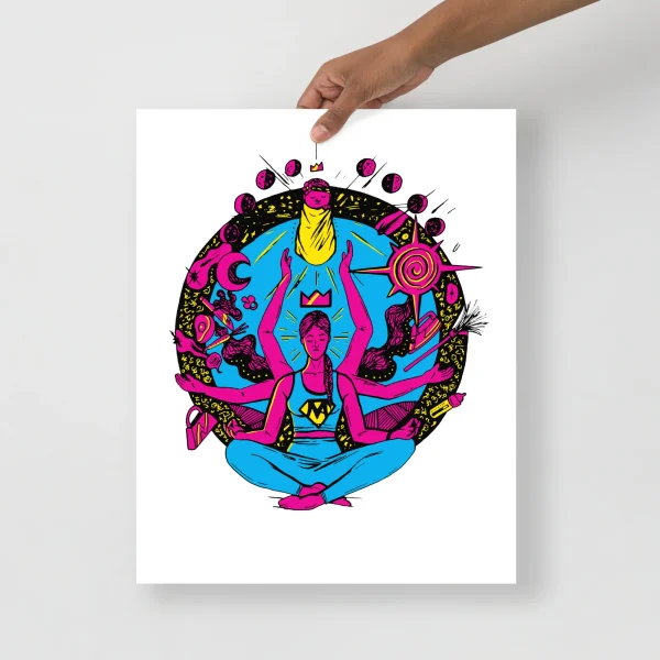 Super mom art print featuring a vibrant pink and blue CMYK illustration of a powerful multi-armed woman with a yellow sun and cosmic design