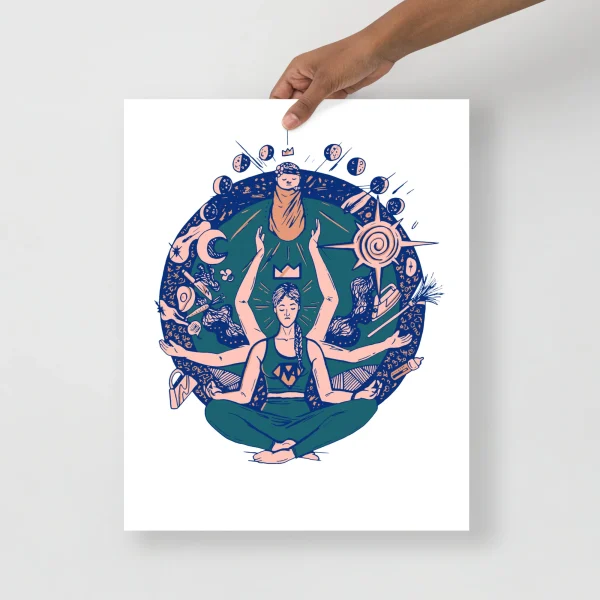 Super mom art print featuring a woman meditating surrounded by celestial and motherhood symbols in pink and blue tones