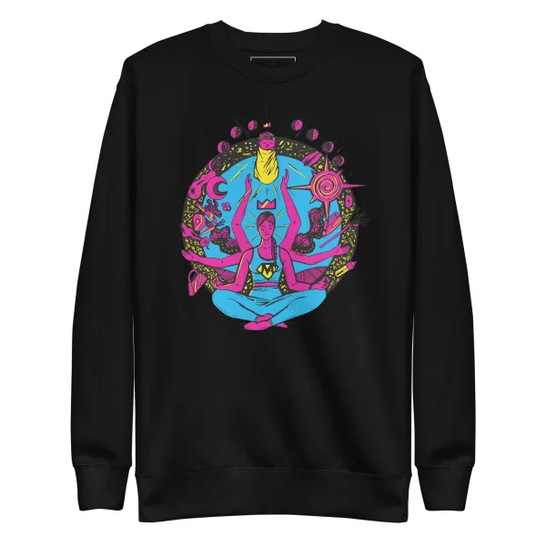 Black super mom sweatshirt featuring a colorful CMYK pink graphic of a meditating woman with cosmic imagery and a crown design.