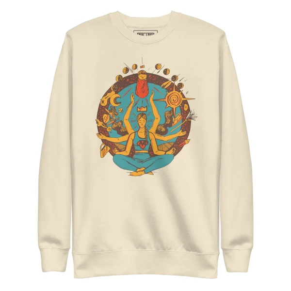 Bone-colored super mom sweatshirt featuring an illustration of a multi-armed woman meditating surrounded by colorful symbols
