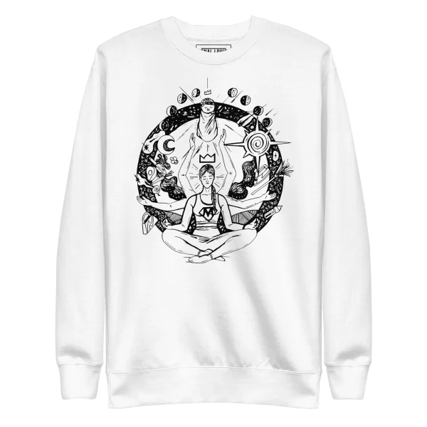 White super mom sweatshirt featuring mystical illustration of meditating woman with celestial symbols and crown