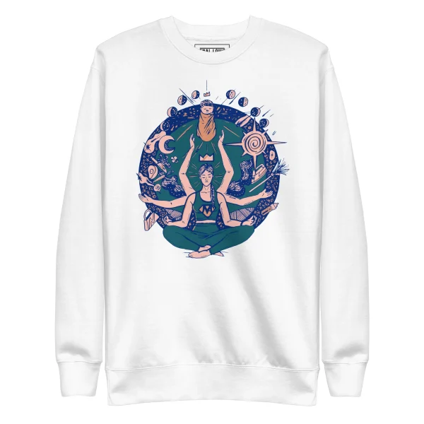 White super mom sweatshirt featuring an illustration of a woman meditating surrounded by celestial and motherhood symbols in blue and pink tones