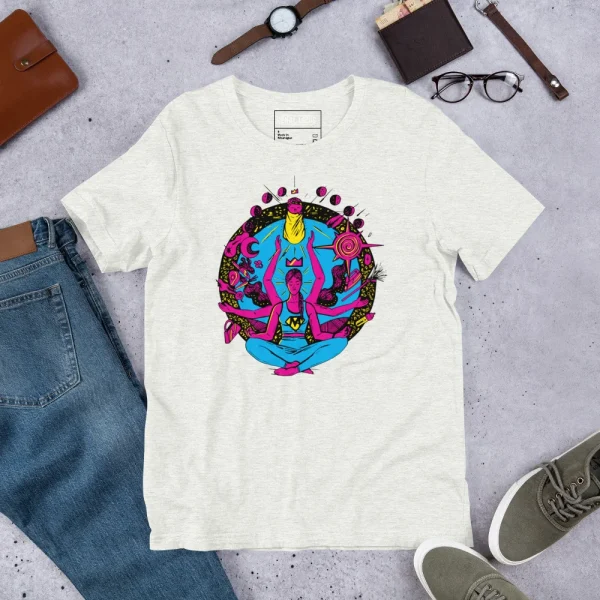 Cream super mom t-shirt with vibrant pink and blue goddess graphic displayed flat lay with accessories