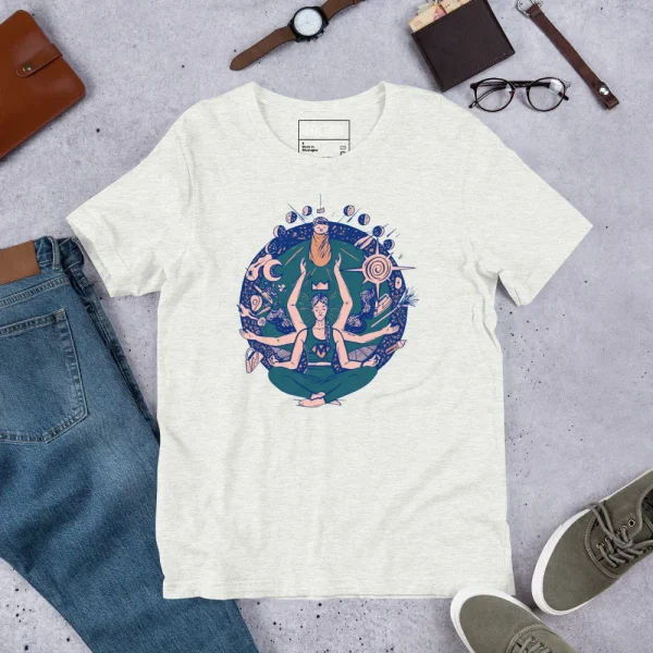Cream super mom t-shirt featuring an illustrated woman meditating with celestial and wellness symbols in blue and coral tones