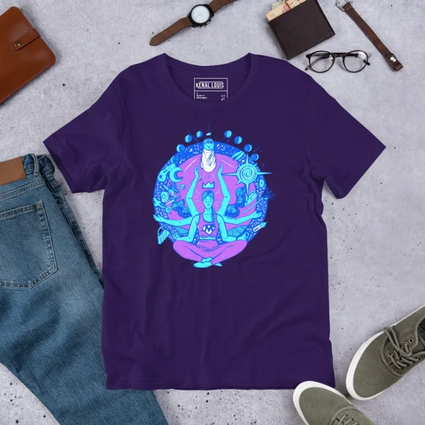 Purple super mom t-shirt featuring a neon blue and pink yoga meditation graphic design