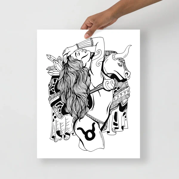 Taurus zodiac art print featuring a woman with long hair riding a decorative bull in elegant line art style