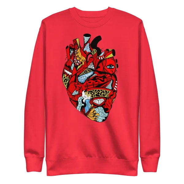 Red transparent heart sweatshirt featuring intricate black, yellow, and white anatomical artwork on the chest