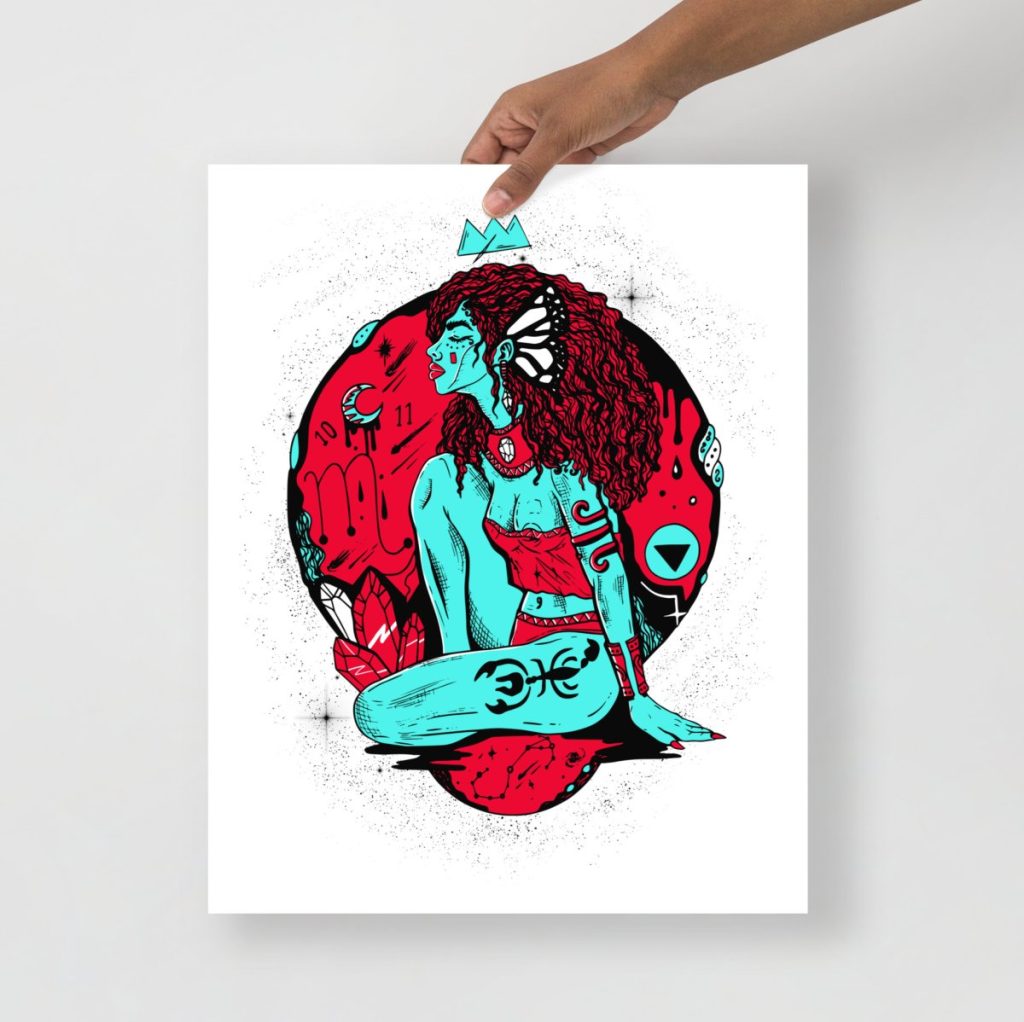 Scorpio goddess zodiac figure depicted in vivid turquoise art prints with red accents