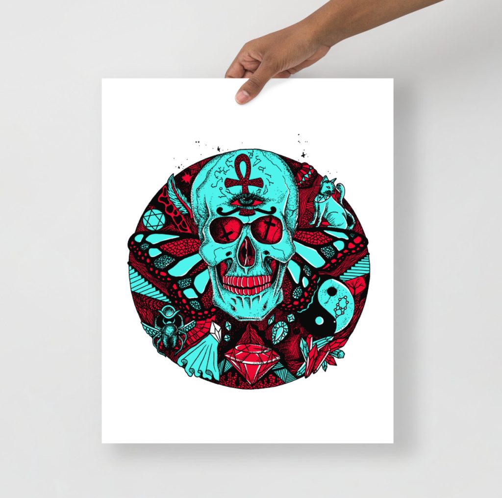 Bold red skull encircled by humanity symbolism in a striking turquoise art print