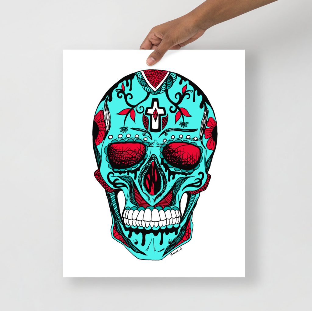 Day of the Dead sugar skull Los Muertos turquoise art print with red florals
