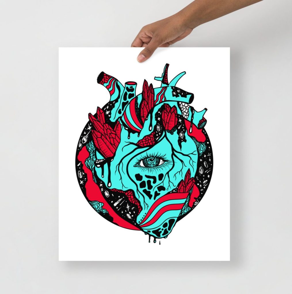 Cosmic anatomical heart rendered as a stunning turquoise art print with celestial details