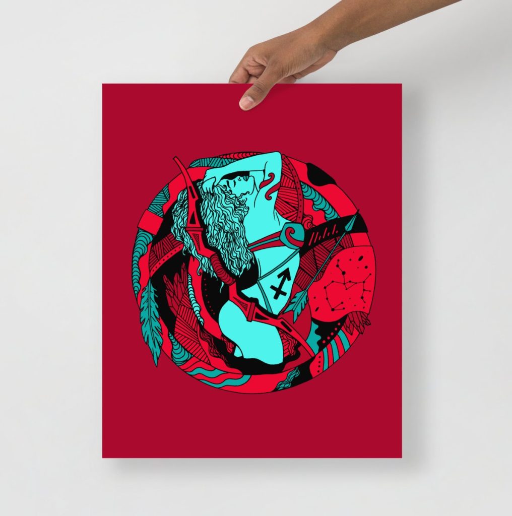 Sagittarius archer zodiac warrior celebrated in a bold turquoise red art print