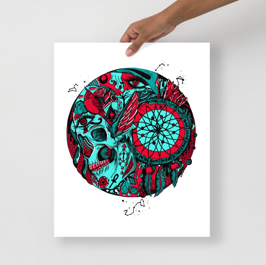 Intricate skull entwined with a dreamcatcher in turquoise and red art print style