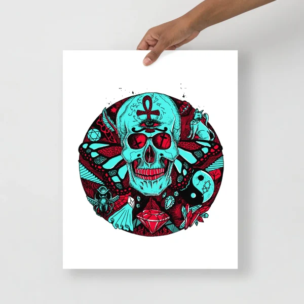 Turquoise skull art print with red accents and symbolic details in a circular composition