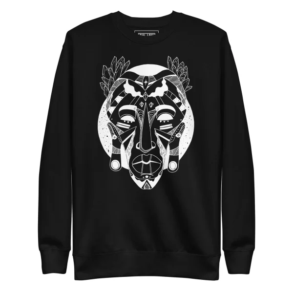 Black sweatshirt with white line art African mask design featuring geometric patterns and leaf motifs