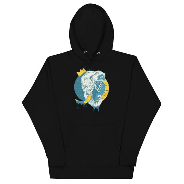 Elephant hoodie with a hand-drawn crowned elephant illustration by Kenal Louis, available in black, green, maroon, purple, and royal blue
