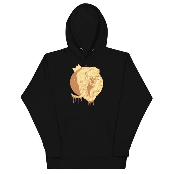 Elephant hoodie with a hand-drawn crowned elephant illustration by Kenal Louis, available in multiple colors including black and forest green