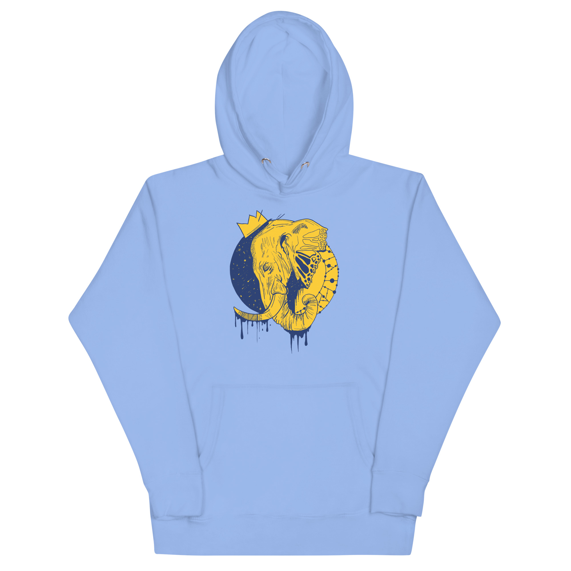 Royal elephant hoodie with a crowned elephant crown illustration drawing, shown in multiple colorways including bone, pink, and sky blue
