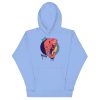 Royal elephant with crown line art illustration on a soft pullover hoodie, shown in multiple colorways including bone and sky blue