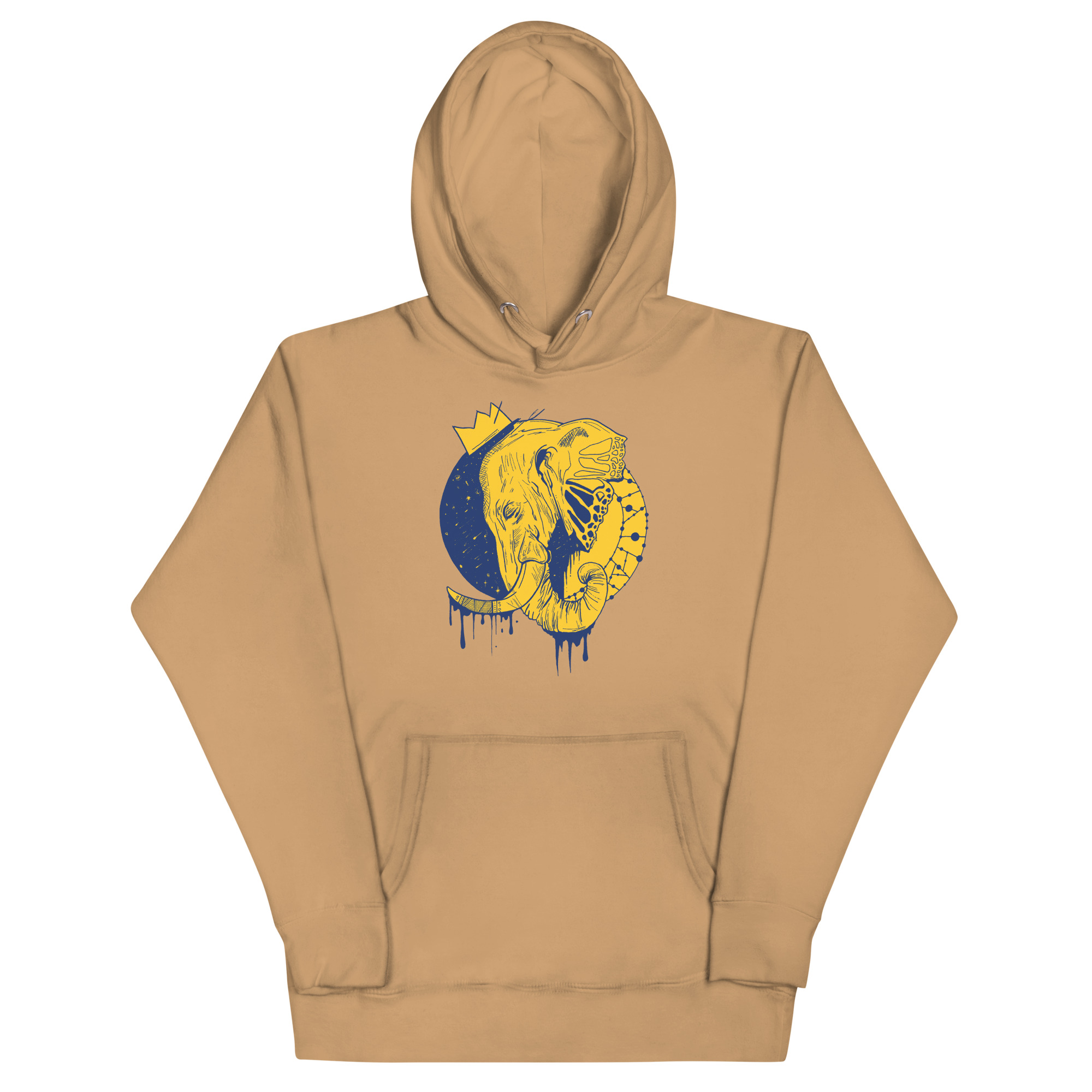 Royal elephant hoodie with a crowned elephant crown illustration drawing, shown in multiple colorways including bone, pink, and sky blue