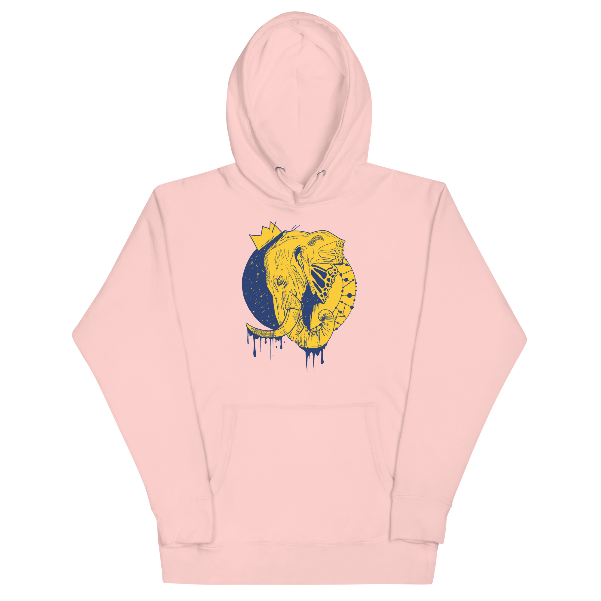Royal elephant hoodie with a crowned elephant crown illustration drawing, shown in multiple colorways including bone, pink, and sky blue