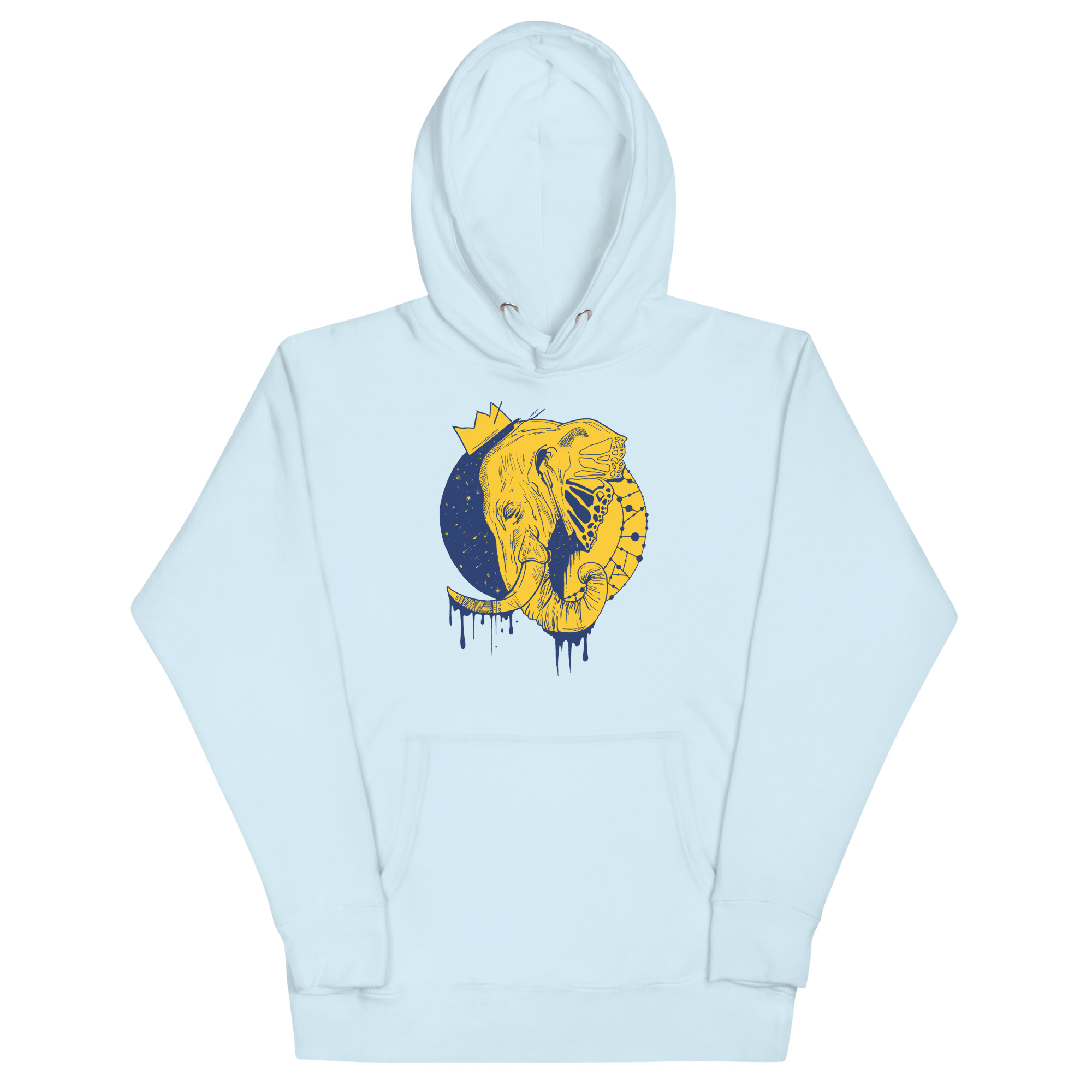 Royal elephant hoodie with a crowned elephant crown illustration drawing, shown in multiple colorways including bone, pink, and sky blue