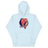 Royal elephant with crown line art illustration on a soft pullover hoodie, shown in multiple colorways including bone and sky blue