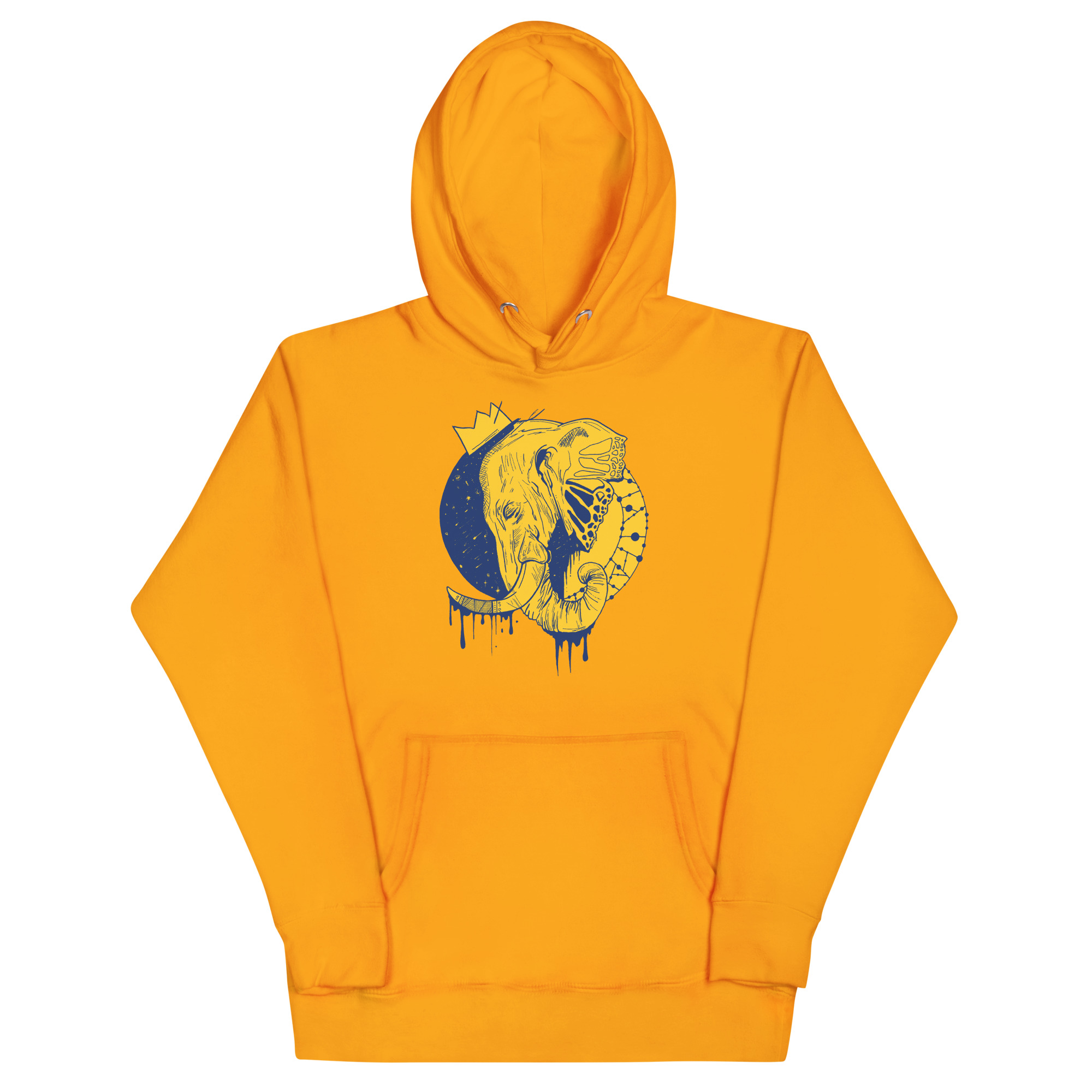 Royal elephant hoodie with a crowned elephant crown illustration drawing, shown in multiple colorways including bone, pink, and sky blue