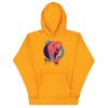 Royal elephant with crown line art illustration on a soft pullover hoodie, shown in multiple colorways including bone and sky blue