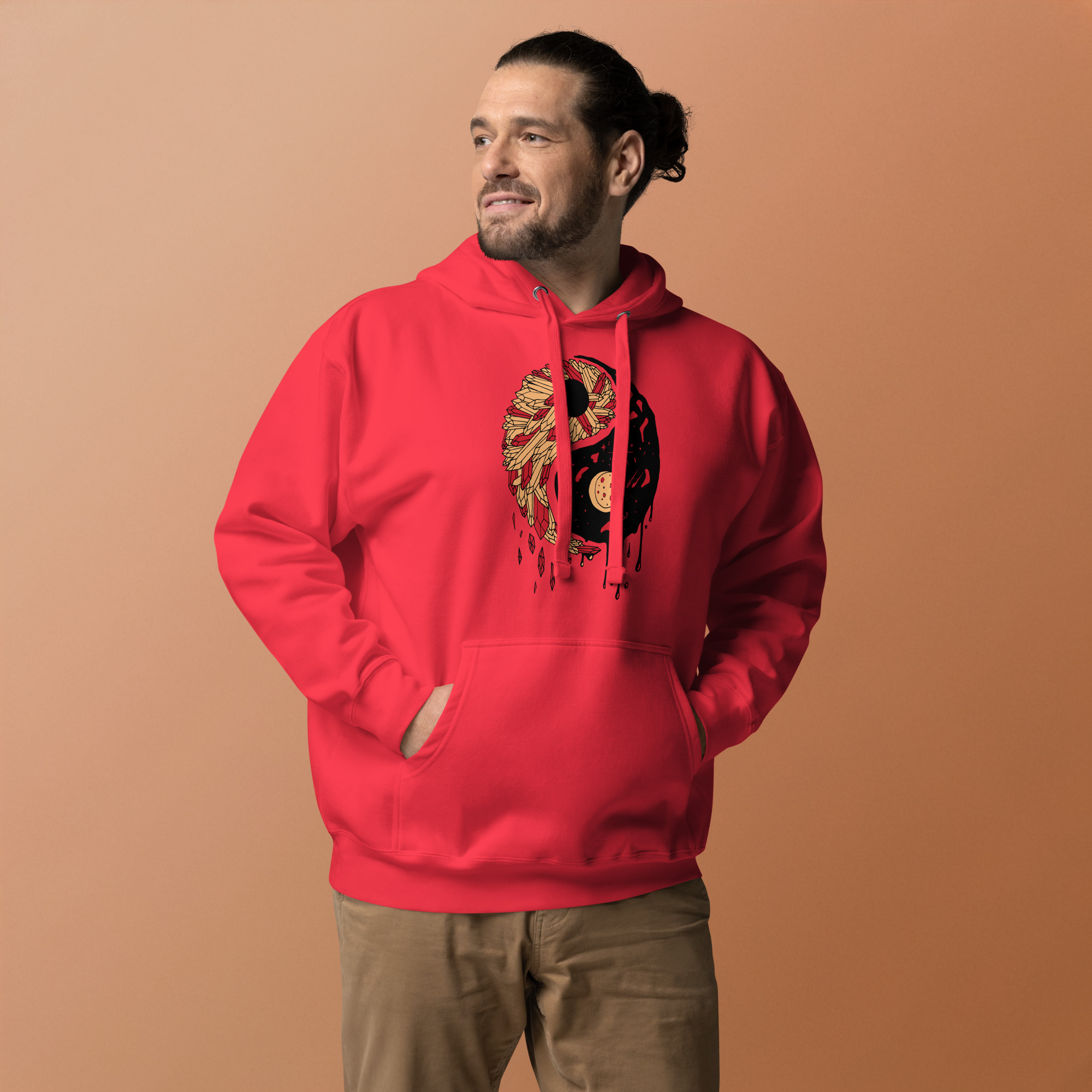 Cream and Red Yin Yang Crystals and Night Sky - Yin Yang Hoodie - Image 2