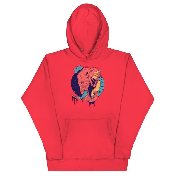 Royal elephant with crown line art illustration on a soft pullover hoodie, shown in multiple colorways including bone and sky blue