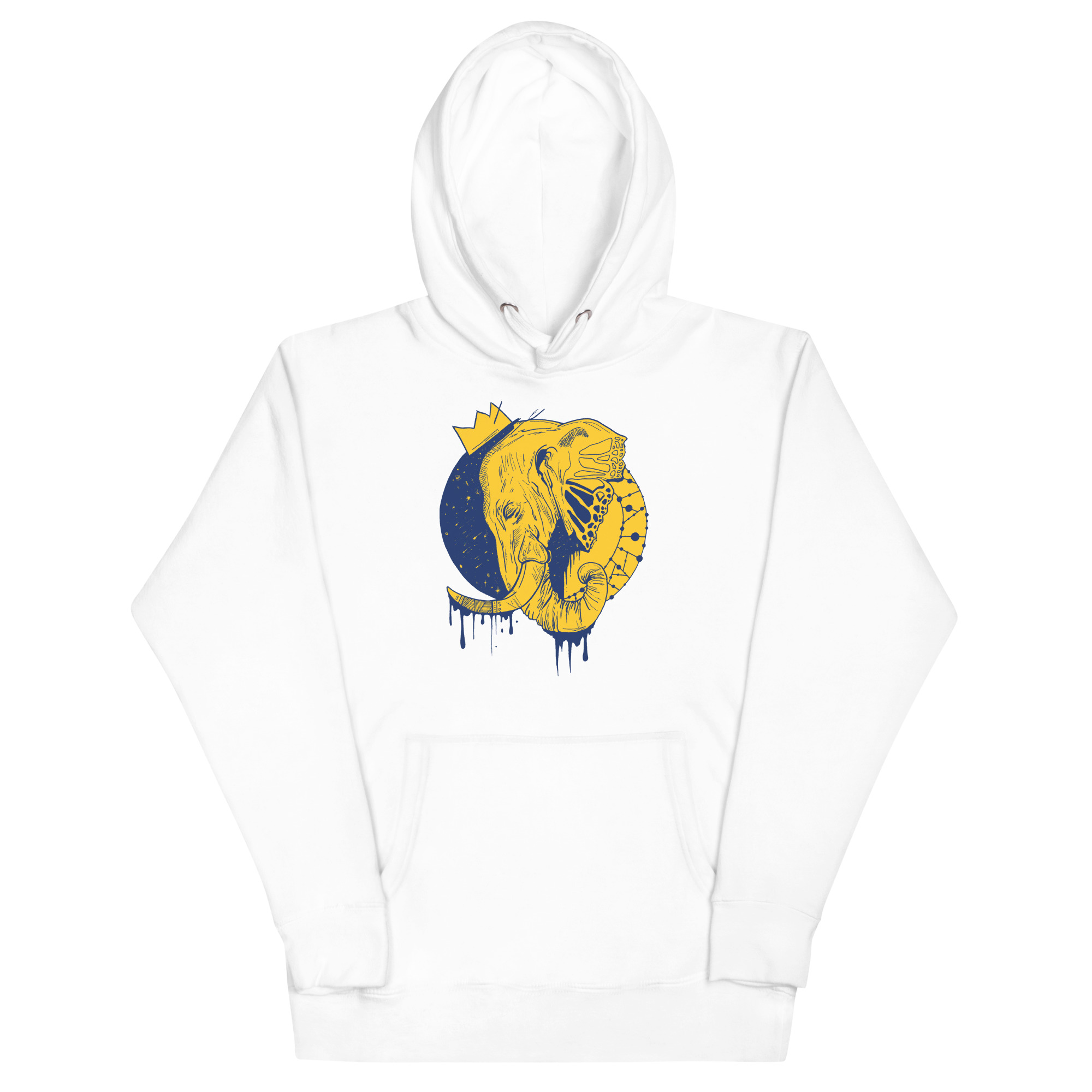 Royal elephant hoodie with a crowned elephant crown illustration drawing, shown in multiple colorways including bone, pink, and sky blue
