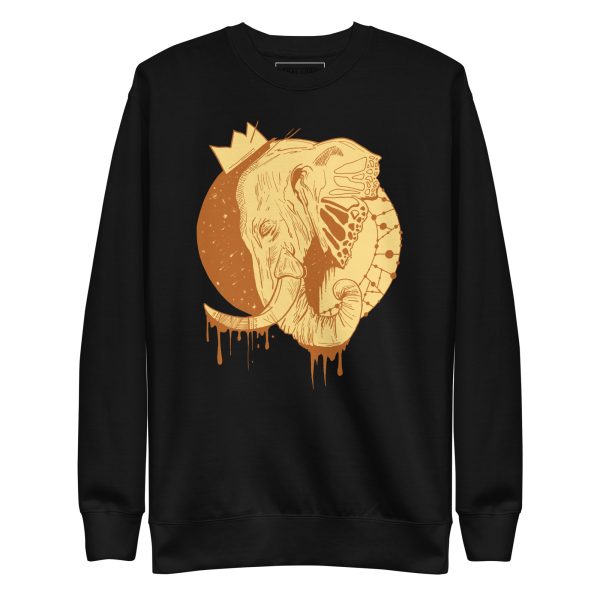 Elephant sweatshirt with a crowned elephant illustration drawing by Kenal Louis, shown in black crew neck fleece