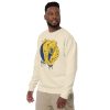 Elephant sweatshirt with a crowned royal elephant line art illustration by Kenal Louis, shown in bone, dusty rose, red, and white colorways