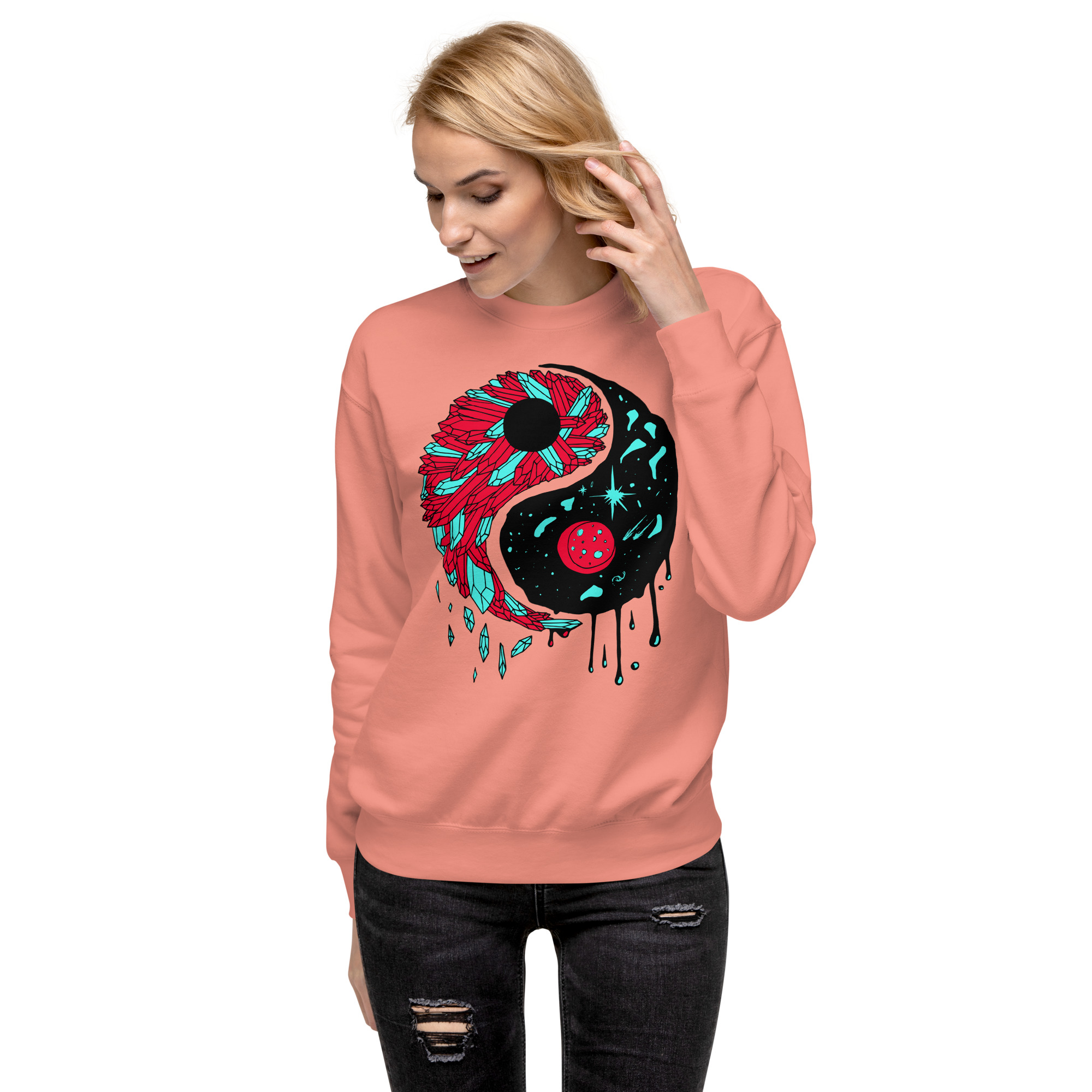 Turquoise Red Yang Crystals and Night Sky - Yin Yang Sweatshirt - Image 4