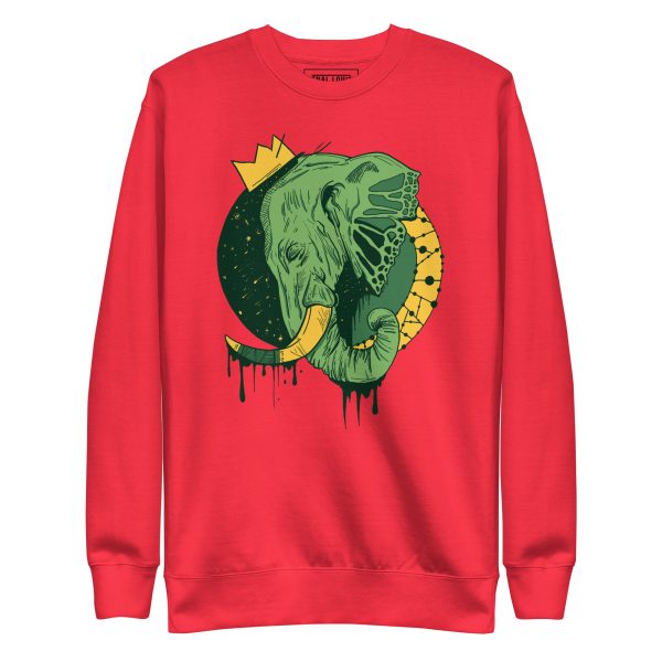 Elephant sweatshirt with a hand-drawn royal crown illustration by Kenal Louis, shown in bone and dusty rose crew neck styles