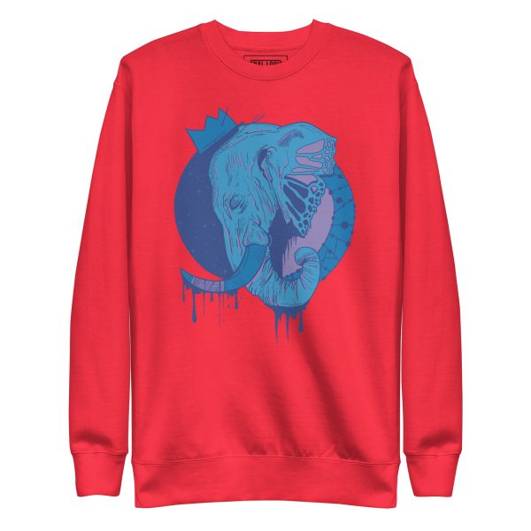 Elephant sweatshirt with a hand-drawn crowned elephant illustration by Kenal Louis, crew neck fleece in Bone, Dusty Rose, Red, and White