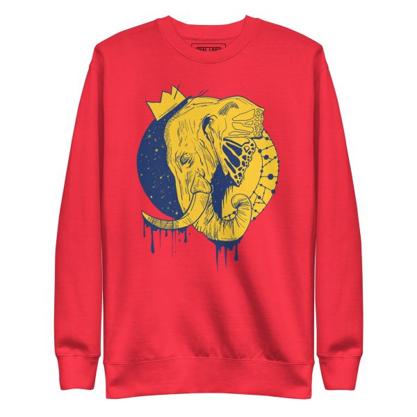 Elephant sweatshirt with a crowned royal elephant line art illustration by Kenal Louis, shown in bone, dusty rose, red, and white colorways