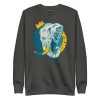Elephant sweatshirt with original crowned elephant illustration by Kenal Louis, shown in black crewneck fleece