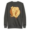 Elephant sweatshirt with a crowned elephant illustration drawing by Kenal Louis, shown in black crew neck fleece