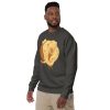 Elephant sweatshirt with a crowned elephant illustration drawing by Kenal Louis, shown in black crew neck fleece