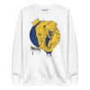 Elephant sweatshirt with a crowned royal elephant line art illustration by Kenal Louis, shown in bone, dusty rose, red, and white colorways
