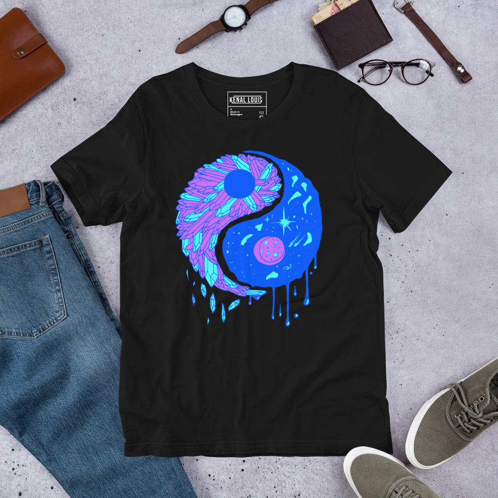 Blue Yin Yang Crystals and Night Sky - Yin Yang T-shirt