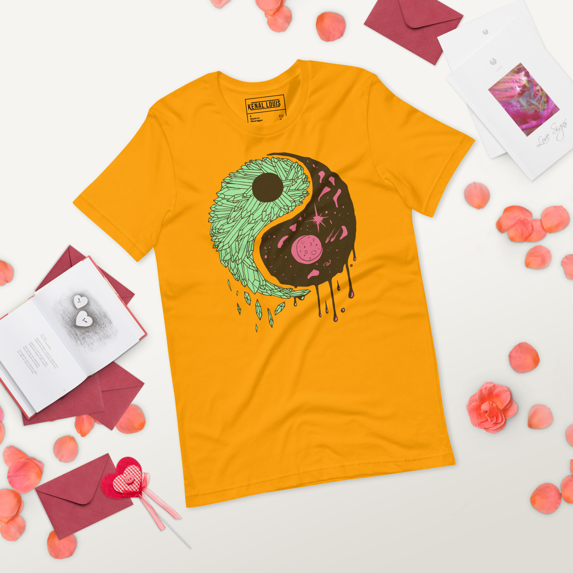 Pink and Green Yin Yang Crystals and Night Sky - Yin Yang T-shirt - Image 3