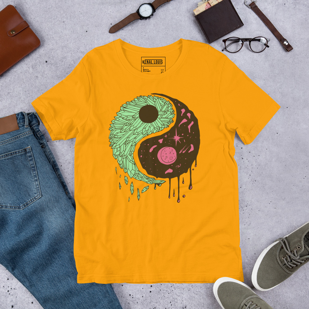 Pink and Green Yin Yang Crystals and Night Sky - Yin Yang T-shirt - Image 5