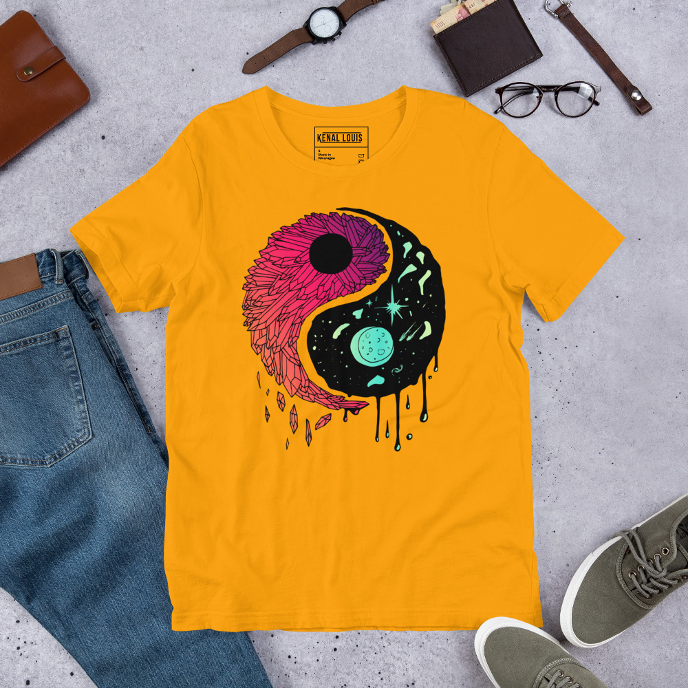 Blue Red Blend Yin Yang Crystals and Night Sky - Yin Yang T-shirt - Image 5