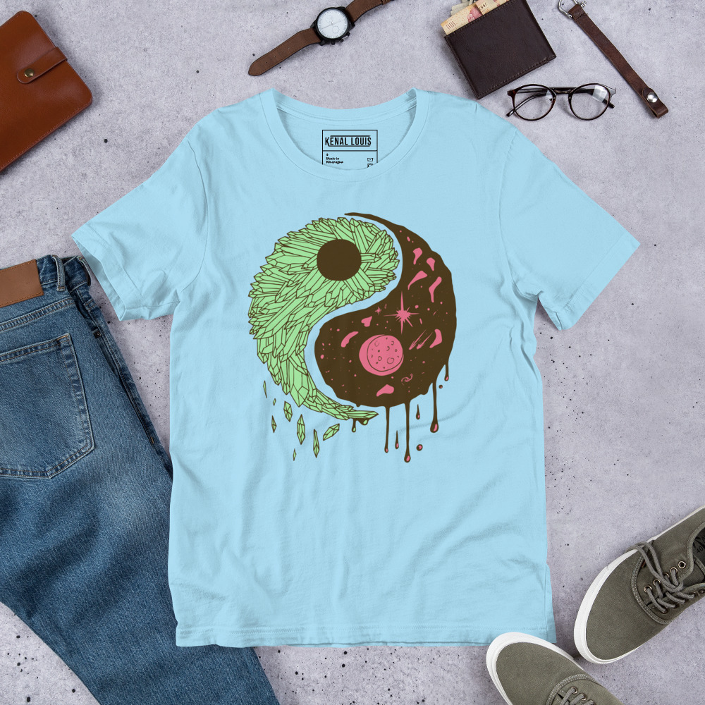 Pink and Green Yin Yang Crystals and Night Sky - Yin Yang T-shirt - Image 7
